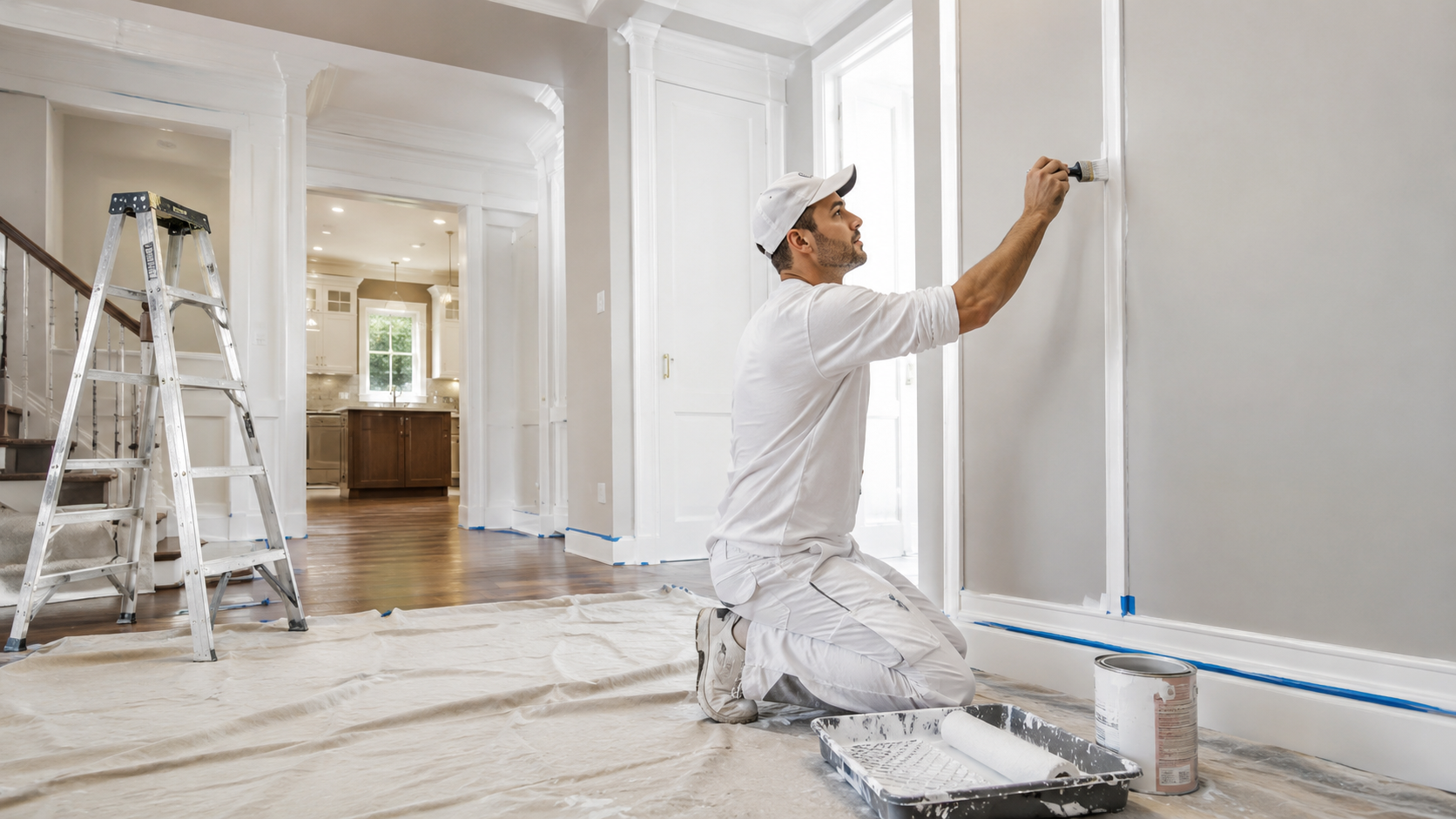 Painter taping and rolling trim in a freshly renovated home